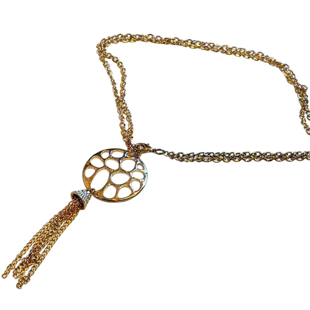 Gold Tone Tassel Necklace Circle Pendant Layered Chain Statement